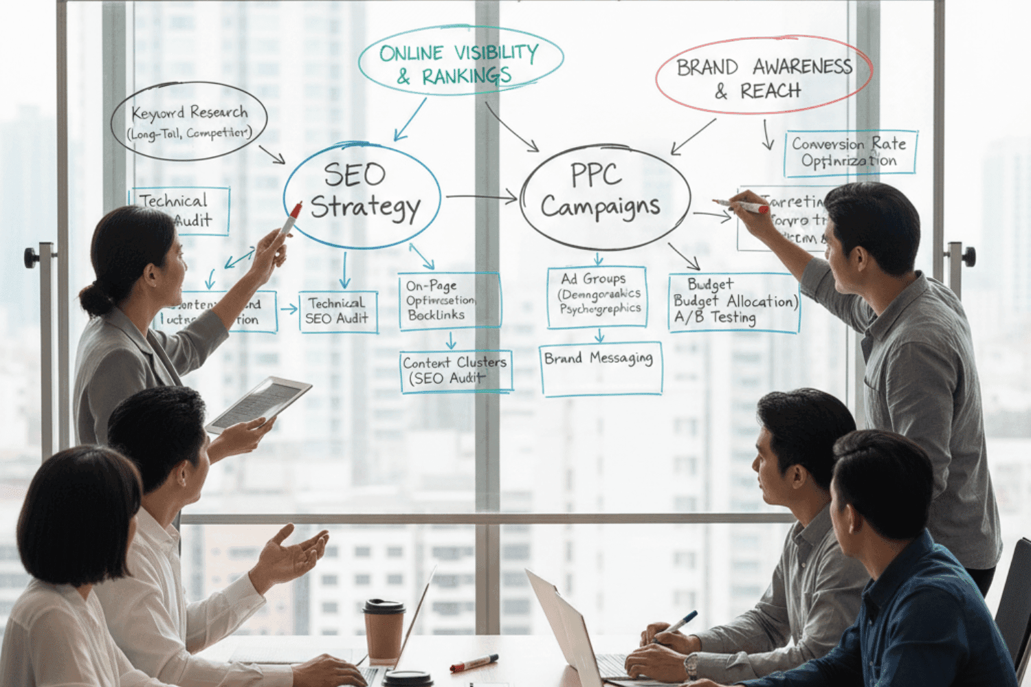 The Role Of Brand Messaging In Seo Ppc Conversion 12 A Marketing Team Is Collaborating Around A Whiteboard Filled With Diagrams Outlining Their Seo And Ppc Strategies, Focusing On Elements Like Keyword Research And Brand Messaging. They Discuss How To Enhance Their Online Visibility And Search Engine Rankings To Effectively Reach Their Target Audience And Improve Brand Awareness.