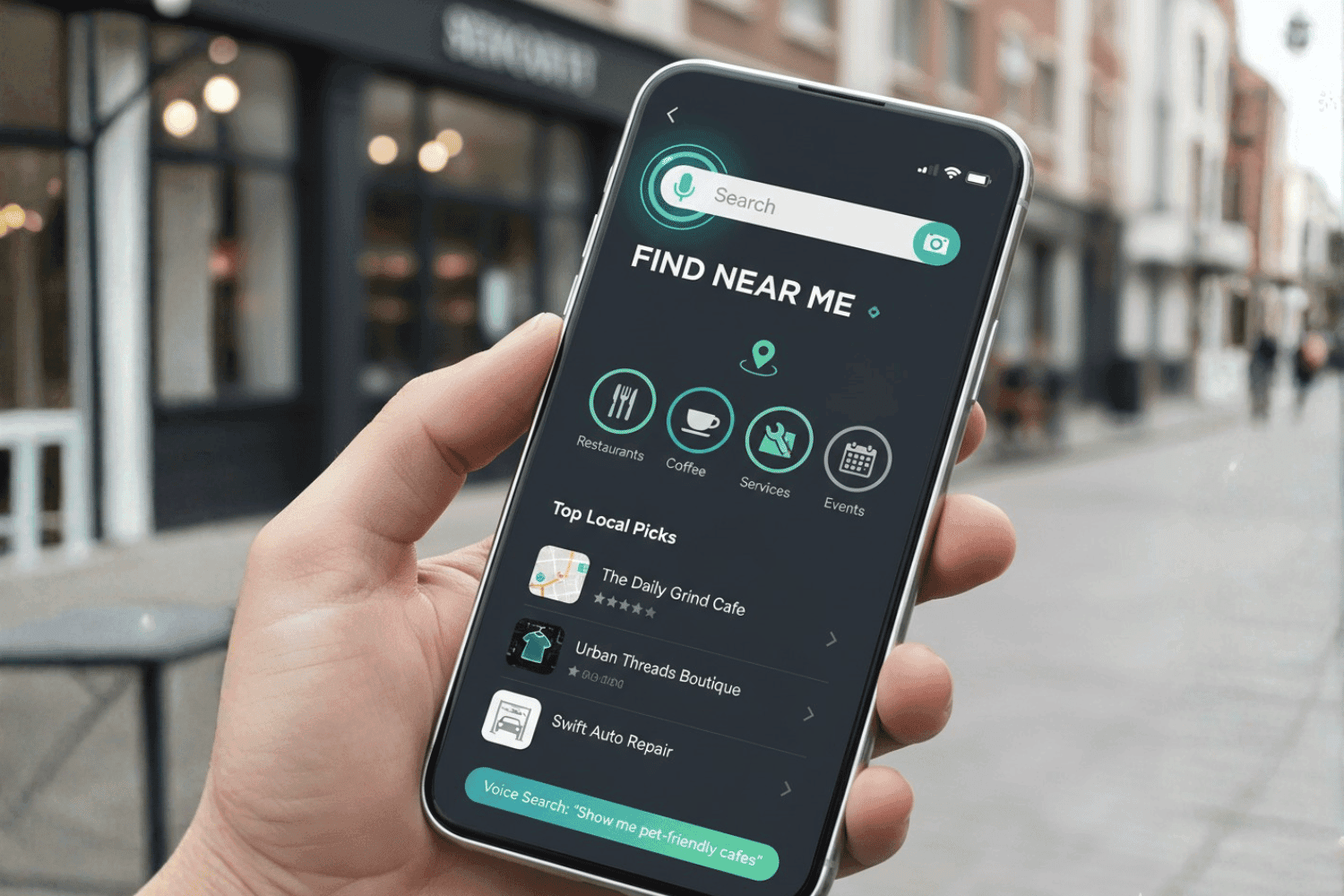 The Future Of Local Search: 2026 Trends You Should Be Preparing For 10 A Modern Smartphone Showcases An Advanced Search Interface That Incorporates Voice And Visual Elements, Emphasizing Local Search Capabilities. This Design Highlights The Importance Of Finding Local Businesses And Enhancing Search Visibility Through Features Like Voice Search And Personalized Search Experiences.