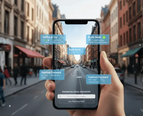 A Person Is Using A Smartphone Equipped With An Augmented Reality Overlay That Displays Business Information About Local Businesses On A Street, Highlighting The Importance Of Local Search Visibility And Mobile Optimization For Finding Local Customers. This Innovative Approach Enhances The User'S Experience By Providing Relevant Details About Nearby Establishments Directly Through Their Device.