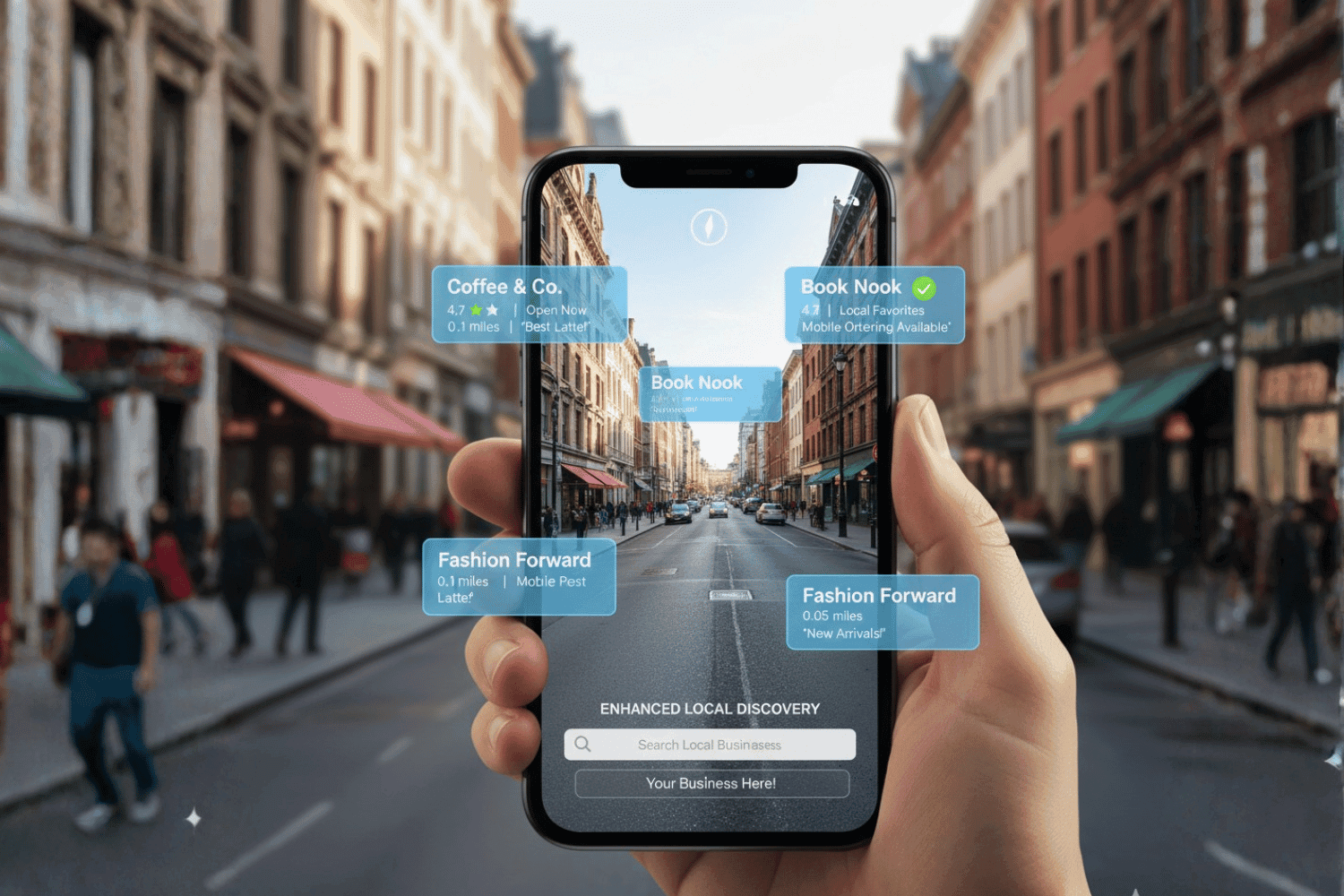 The Future Of Local Search: 2026 Trends You Should Be Preparing For 1 A Person Is Using A Smartphone Equipped With An Augmented Reality Overlay That Displays Business Information About Local Businesses On A Street, Highlighting The Importance Of Local Search Visibility And Mobile Optimization For Finding Local Customers. This Innovative Approach Enhances The User'S Experience By Providing Relevant Details About Nearby Establishments Directly Through Their Device.
