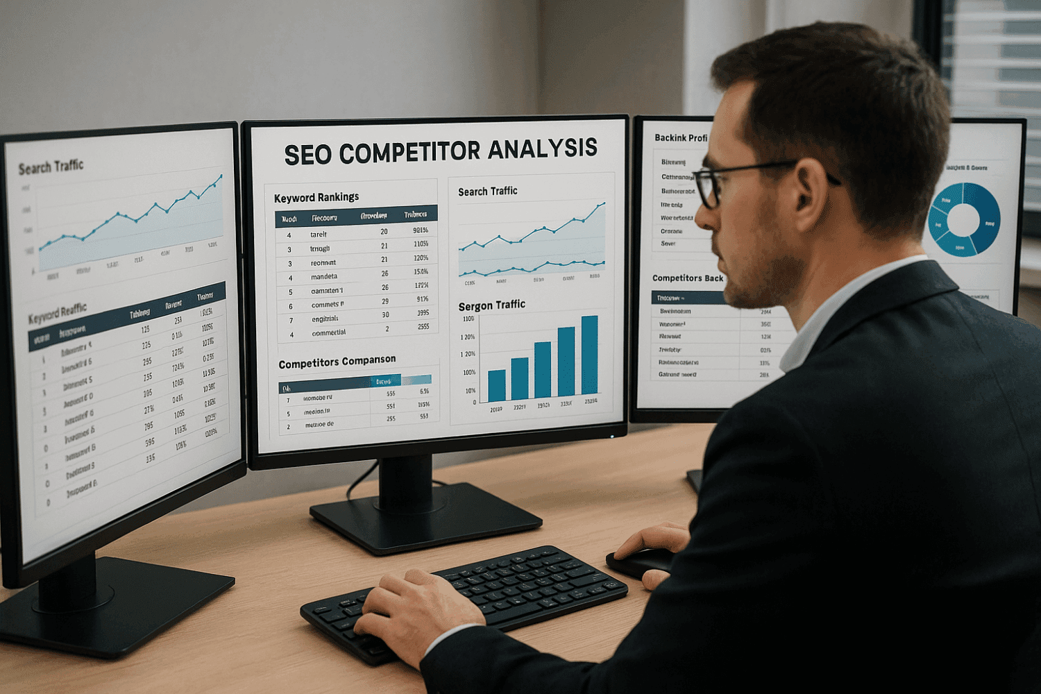 A Professional Is Sitting At A Desk, Intently Analyzing Competitor Data Displayed On Multiple Computer Screens, Focusing On Seo Competitor Analysis. The Screens Show Various Metrics Such As Keyword Rankings, Search Traffic, And Competitors' Backlink Profiles, Highlighting The Importance Of Understanding Competitors To Improve Search Engine Rankings And Develop An Effective Seo Strategy.