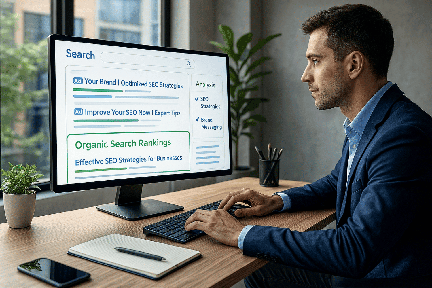 The Role Of Brand Messaging In Seo Ppc Conversion 10 A Professional Marketer Is Focused On A Computer Screen Displaying Search Engine Results Pages, Highlighting Both Organic Search Rankings And Ppc Ads. The Analysis Emphasizes The Importance Of Seo Strategies And Brand Messaging In Reaching The Target Audience Effectively.