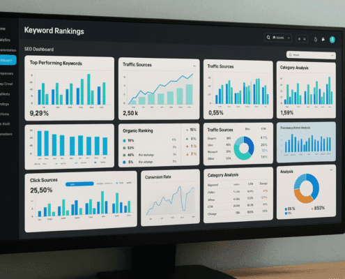 An Seo Dashboard Displays Keyword Rankings And Traffic Performance Across Various Keyword Categories, Including Transactional, Informational, And Navigational Keywords. It Highlights Search Volume And Keyword Difficulty, Providing Insights Into User Intent And Effective Seo Strategies For Optimizing Search Engine Results.