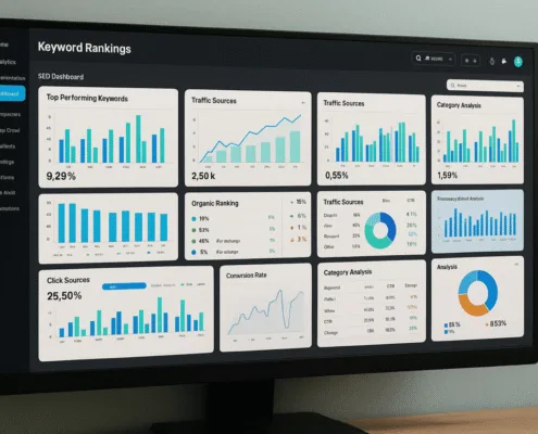An Seo Dashboard Displays Keyword Rankings And Traffic Performance Across Various Keyword Categories, Including Transactional, Informational, And Navigational Keywords. It Highlights Search Volume And Keyword Difficulty, Providing Insights Into User Intent And Effective Seo Strategies For Optimizing Search Engine Results.