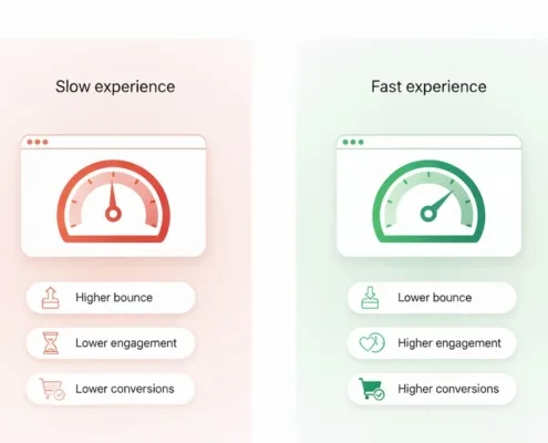 The Image Illustrates The Correlation Between Website Speed And User Behavior, Highlighting How Faster Page Load Times Can Lead To Improved Conversion Rates And A Better Overall User Experience. It Emphasizes Key Metrics Such As Core Web Vitals And Loading Speed, Demonstrating Their Significant Impact On Bounce Rates And Customer Engagement.