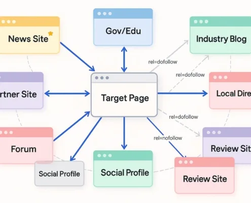 The Diagram Illustrates Various Types Of Backlinks, Including Dofollow And Nofollow Links, Flowing From Different Website Categories To A Target Page, Highlighting Their Importance In Search Engine Optimization (Seo) And How They Can Influence Search Rankings And Referral Traffic. It Emphasizes The Role Of Quality Backlinks From Authoritative Websites In Improving A Web Page'S Visibility In Search Results.