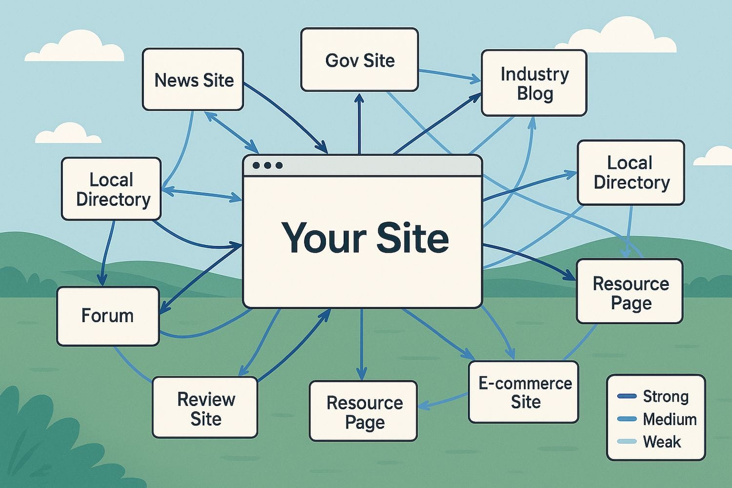 What Are Backlinks: The Complete Guide To Building Your Seo Foundation In 2025 10 The Illustration Depicts Various Websites Connected By Arrows, Symbolizing Backlinks That Enhance Search Engine Optimization. These Connections Represent The Flow Of Link Equity Between Authoritative Websites, Emphasizing The Importance Of Building Quality Backlinks For Improving Search Rankings And Driving Referral Traffic.