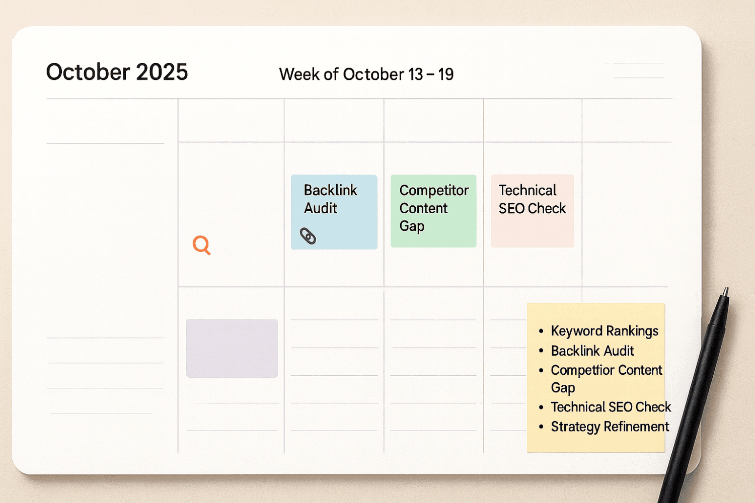 How To Do Competitor Analysis For Seo: Complete Guide For 2024 13 The Image Depicts A Calendar Filled With Scheduled Sessions For Conducting Seo Competitor Analysis, Highlighting Important Dates For Reviewing Keyword Rankings, Analyzing Competitors' Backlinks, And Refining The Overall Seo Strategy. Each Session Is Aimed At Identifying Keyword Gaps And Improving Search Engine Rankings Through Competitive Analysis.