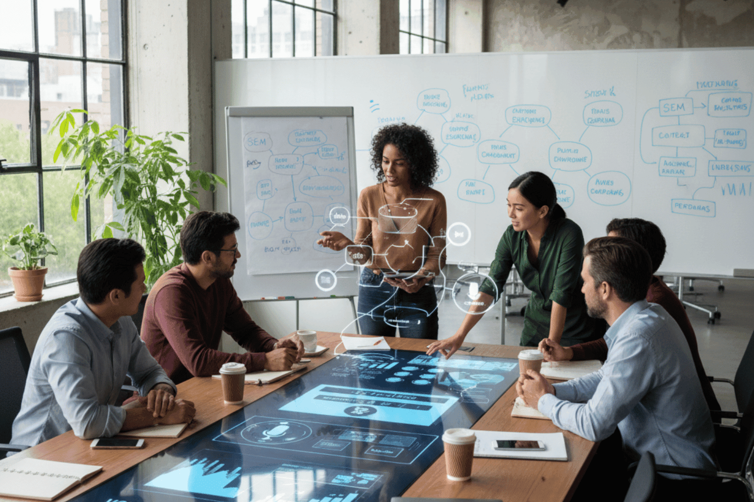 The Role Of Brand Messaging In Seo Ppc Conversion 14 The Image Depicts A Modern Office Environment Where A Marketing Team Is Actively Discussing Strategies For Voice Search And Ai Optimization. They Are Focused On Enhancing Their Seo Efforts And Brand Messaging To Improve Organic Search Rankings And Effectively Engage Their Target Audience Across Multiple Channels.