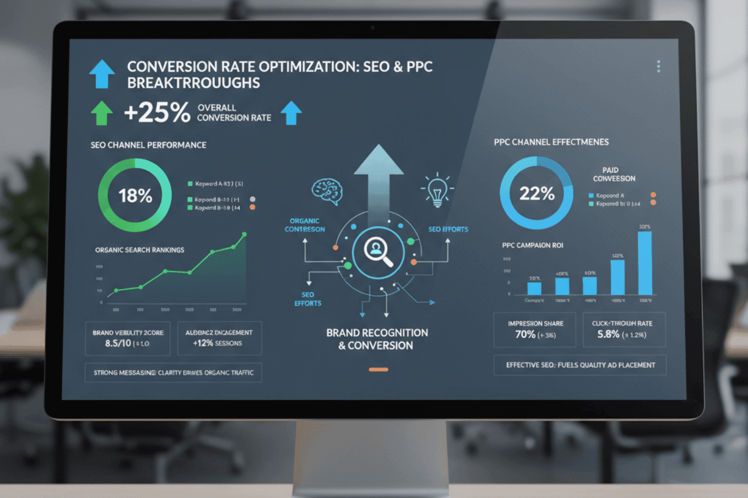 The Role Of Brand Messaging In Seo Ppc Conversion 13 The Image Depicts An Analytics Dashboard Showcasing Improvements In Conversion Rates Across Seo And Ppc Channels, Highlighting Key Performance Metrics Such As Organic Search Rankings And Ppc Campaign Effectiveness. This Data Visualization Emphasizes The Importance Of A Solid Messaging Strategy And Effective Seo Efforts In Enhancing Brand Visibility And Audience Engagement.