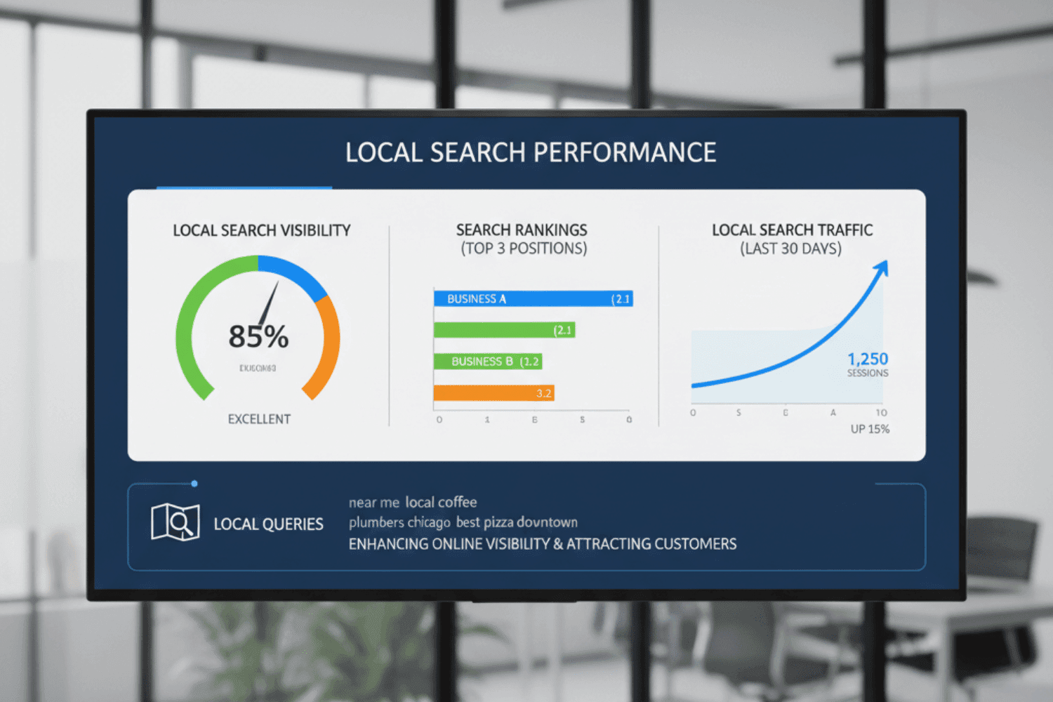 The Future Of Local Search: 2026 Trends You Should Be Preparing For 14 The Image Displays A Business Analytics Dashboard Showcasing Local Search Performance Metrics, Highlighting Key Data Such As Local Search Visibility, Search Rankings, And Local Search Traffic For Local Businesses. This Visual Representation Aids In Understanding How Local Seo Strategies Can Enhance Online Visibility And Attract Potential Customers Through Effective Local Queries And Search Engines.