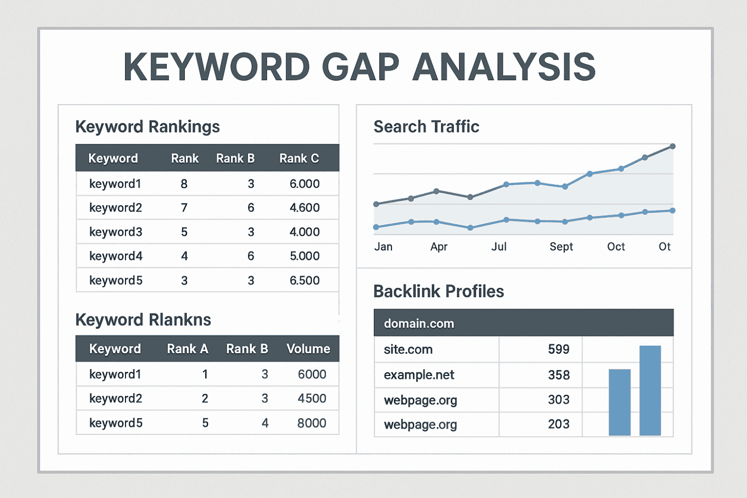 The Image Displays The Interface Of A Keyword Gap Analysis Tool, Showcasing A Comparison Of Seo Competitors. It Highlights Various Metrics Such As Keyword Rankings, Search Traffic, And Backlink Profiles, Providing Insights For Effective Competitor Analysis And Seo Strategy Development.
