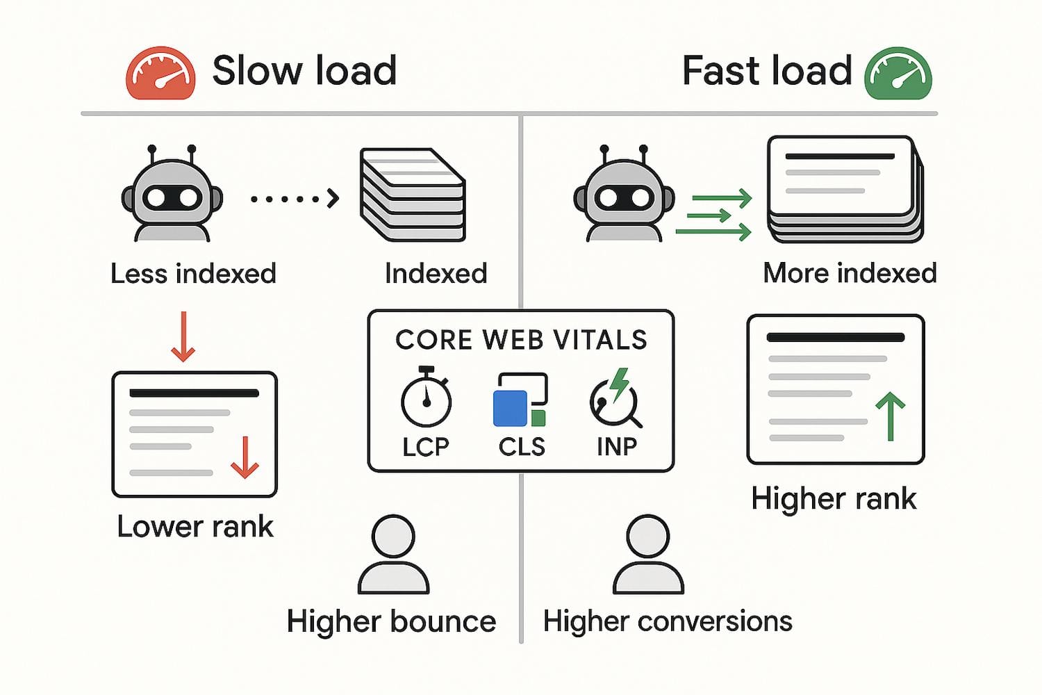 How Website Speed Impacts Conversions And Seo: What You Should Do About It 11 The Image Illustrates The Impact Of Website Speed On Google'S Crawling And Indexing Process, Highlighting How Page Load Times And Core Web Vitals Metrics Affect Search Engine Rankings And User Experience. It Emphasizes The Importance Of Fast Loading Times For Improving Conversion Rates And Reducing Bounce Rates On Web Pages.