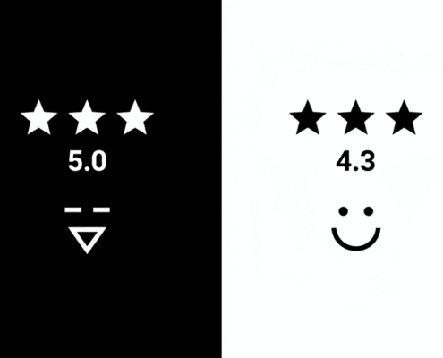 Side-By-Side Comparison Showing Customer Skepticism Toward Perfect 5-Star Ratings Versus Trust In Authentic 4.2-4.5 Star Ratings With Mixed Reviews