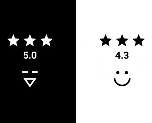 Side-By-Side Comparison Showing Customer Skepticism Toward Perfect 5-Star Ratings Versus Trust In Authentic 4.2-4.5 Star Ratings With Mixed Reviews
