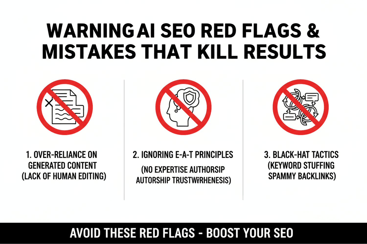 How To Use Ai In Seo: The Human-In-The-Loop Strategy That Actually Works 15 Warning Infographic Showing Ai Seo Red Flags And Mistakes That Kill Results