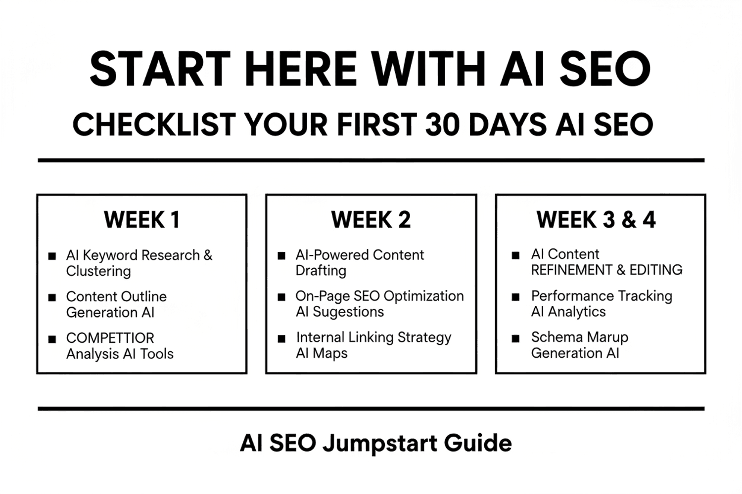 How To Use Ai In Seo: The Human-In-The-Loop Strategy That Actually Works 17 Checklist Graphic Showing Your First 30 Days With Ai Seo